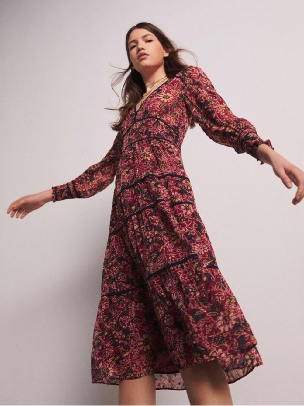 BA&SH Gigi Burgundy Floral Print Long Sleeve Midi Dress